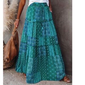 Boho Color Block Patchwork Print Stretchy Waist Ruffle Hem Maxi Skirt S M L XL